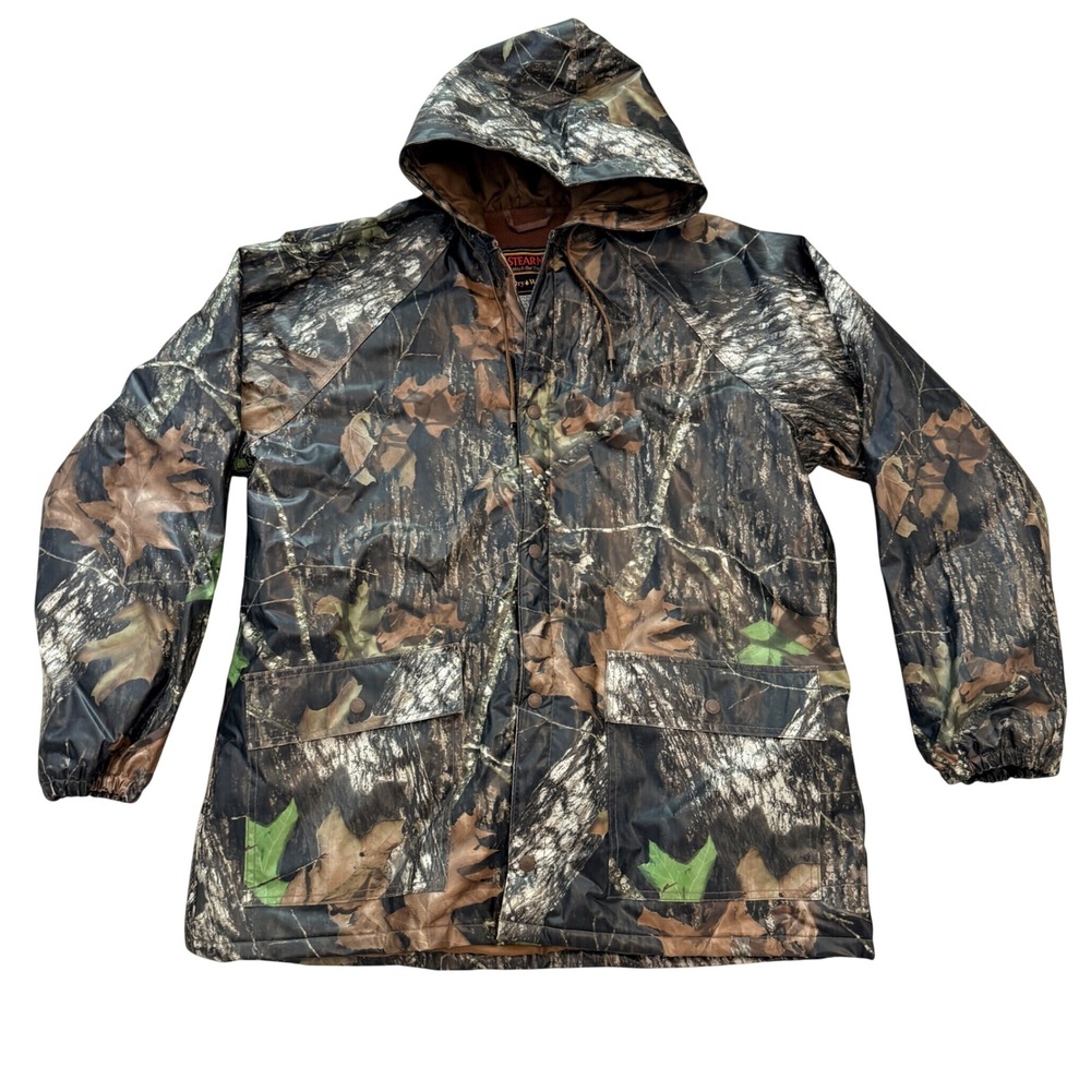 Stearns Dry Wear Rain Jacket Men M Mossy Oak Camo Hooded Fleece Lined Waterproof